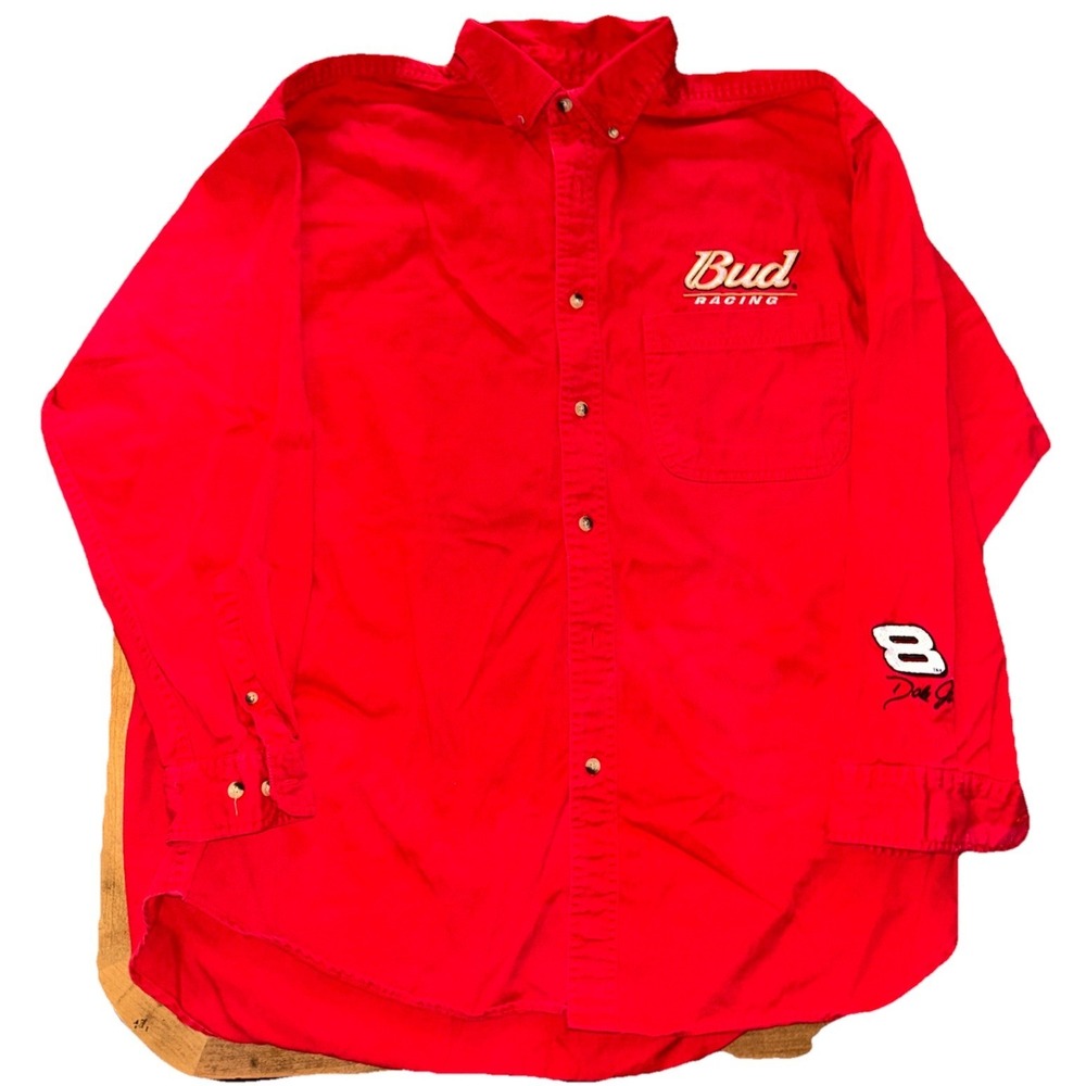 Budweiser Men Button Down Shirt 2XL Red Racing 8 Dale Jr Cotton Pocket Nascar